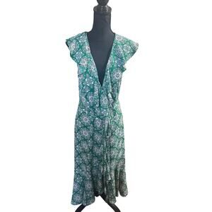 Max Studio Green Floral Ruffle Wrap Dress – Sleeveless, Size M